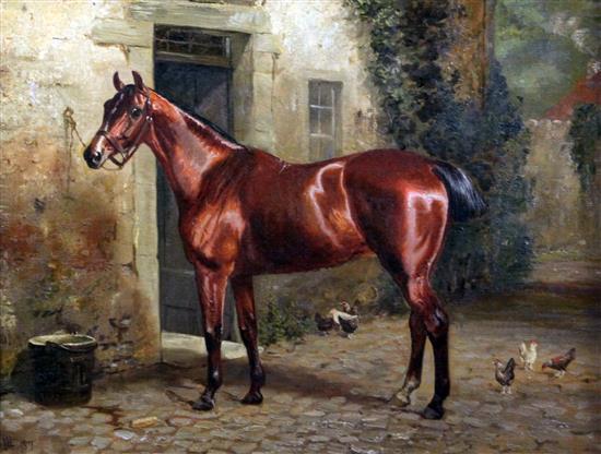 L.H. 1887 Portrait of a chestnut hunter outside a stable, 14 x 18in.